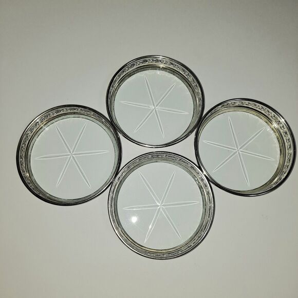 BIRKS Sterling Coasters Set Of 4 Starburst Glass Floral Pattern Rolled Edge - Picture 8 of 9